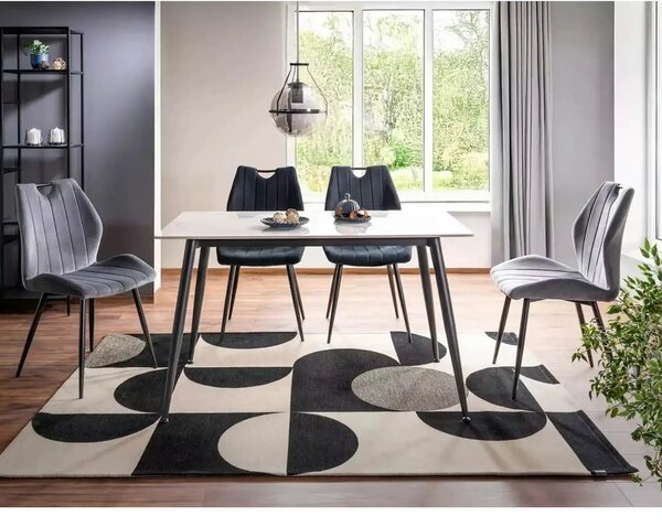 Masa RION, alb cu efect de marmura/negru mat, ceramica/metal, 130x70x7