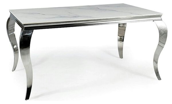 Masa PRINCE, alb cu efect de marmura/crom, ceramica/metal, 150x90x75 c