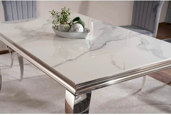Masa PRINCE, alb cu efect de marmura/crom, ceramica/metal, 150x90x75 c