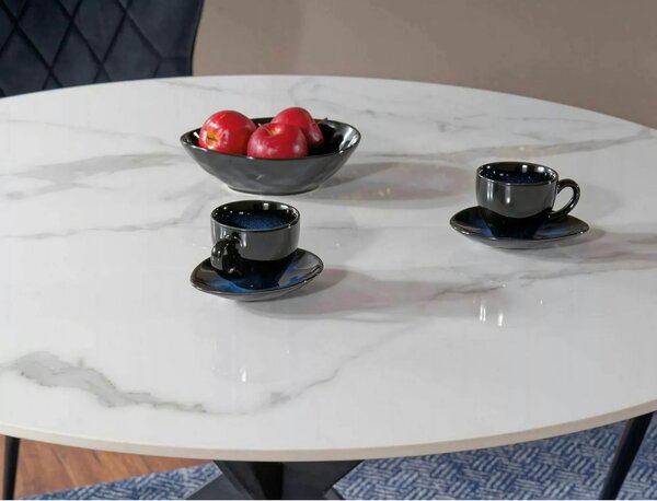 Masa TALIA, alb cu efect de marmura/negru mat, ceramica/metal, 90x90x7