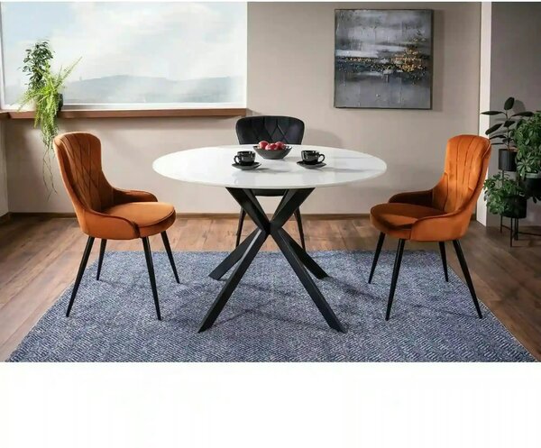 Masa TALIA, alb cu efect de marmura/negru mat, ceramica/metal, 90x90x7