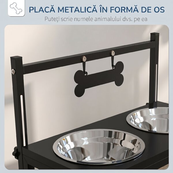 PawHut Boluri pentru Câini cu Înălțime Reglabilă și Plăcuță de Identificare, 2 Boluri din Oțel pentru Apă și Mâncare, 40.5x22x39 cm, Negru