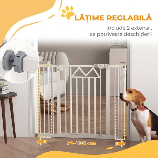 PawHut Poartă de Siguranță Autoînchidere pentru Câini, Montare Ușoară prin Presiune, Ideală pentru Spații Mici și Mijlocii, Alb | Aosom Romania
