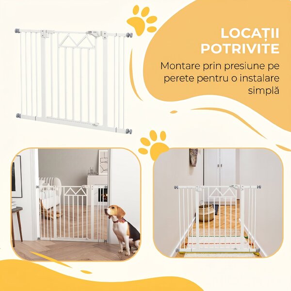 PawHut Poartă de Siguranță Autoînchidere pentru Câini, Montare Ușoară prin Presiune, Ideală pentru Spații Mici și Mijlocii, Alb | Aosom Romania