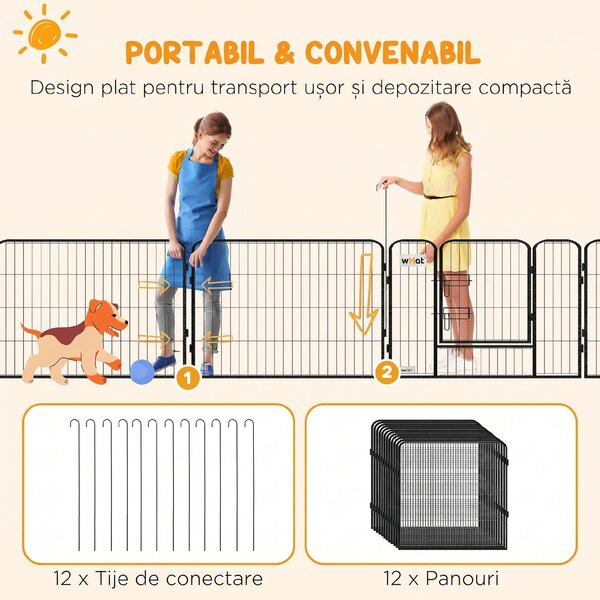 PawHut Gard pentru Câini, Incintă Modulară pentru Câini din 8 Secții pentru Interior și Exterior, 80x100 cm, Negru | Aosom Romania