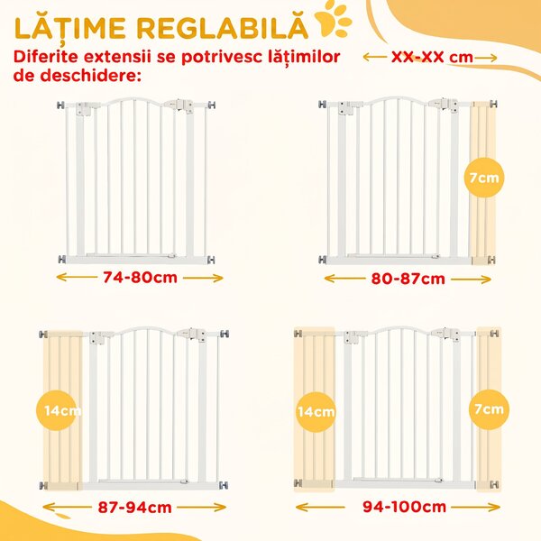 PawHut Poartă Extensibilă pentru Câini fără Șuruburi, Poartă de Siguranță Reglabilă, 94-100x78 cm, Alb | Aosom Romania