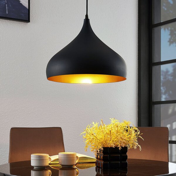 Lindby Lampă suspendată Ritana, negru-auriu, metal, Ø 31cm, E27, reglabil, Negru, Camera de zi / sufragerie, Aluminiu, Modern