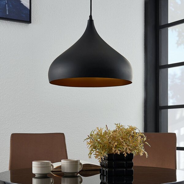 Lindby Lampă suspendată Ritana, negru-auriu, metal, Ø 31cm, E27, reglabil, Negru, Camera de zi / sufragerie, Aluminiu, Modern