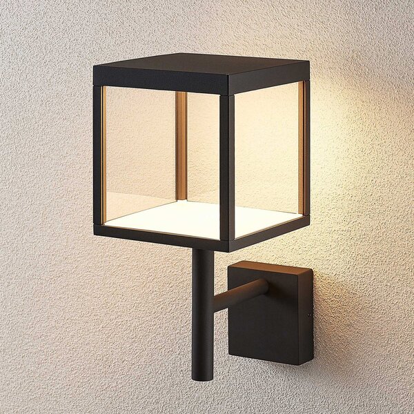 Lucande Aplică de perete LED Cube, antracit, sticlă, 37cm, IP54, Negru, Metal, Modern, Priză de perete top