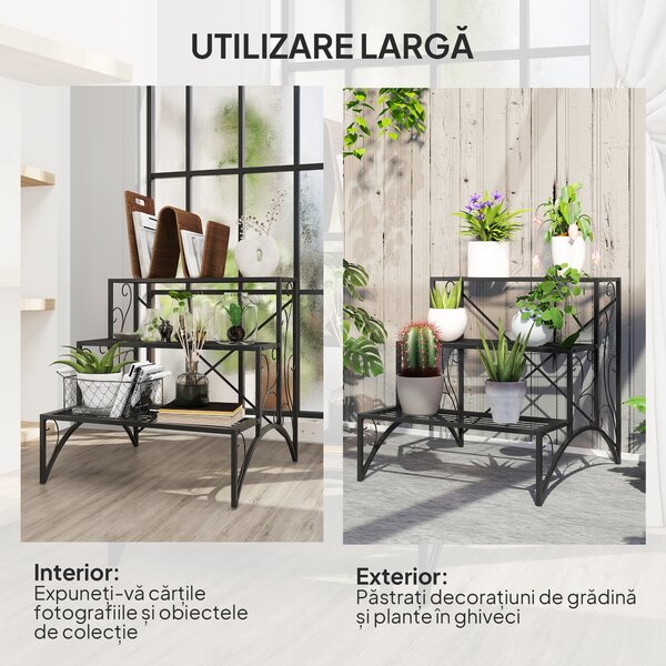 Outsunny Raft pentru Plante cu 3 Niveluri din metal, 60x60x60 cm, Negru | Aosom Romania