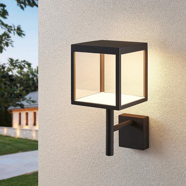 Lucande Aplică de perete LED Cube, antracit, sticlă, 37cm, IP54, Negru, Metal, Modern, Priză de perete top