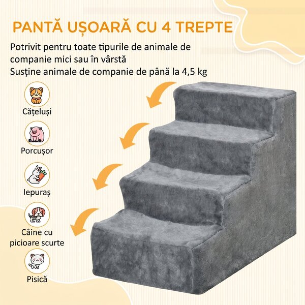 PawHut Scăriță pentru Câini Portabilă cu 4 Trepte, Scară pentru Animale Domestice, 60x35x44 cm, Gri Deschis | Aosom Romania