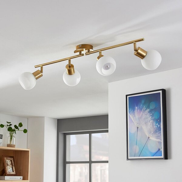Lindby plafonieră Elaina, 70cm, 4 becuri, alamă, sticlă, E14, reglabil, Auriu / Alamă, Camera de zi / sufragerie, Metal, Modern