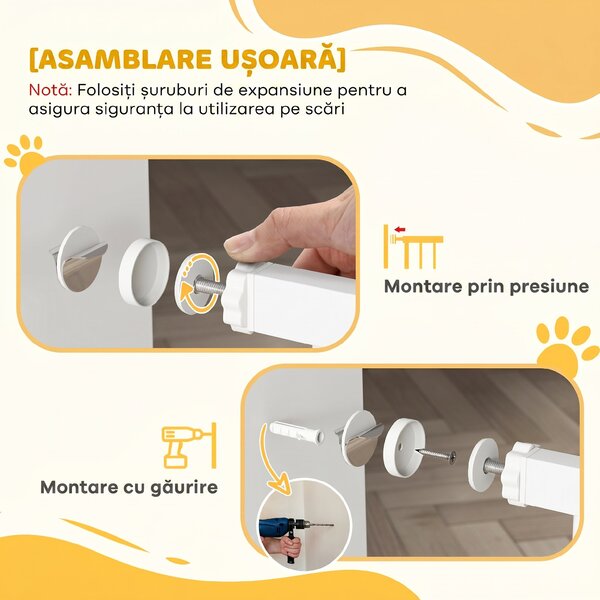 PawHut Poartă Extensibilă pentru Câini fără Șuruburi, Poartă de Siguranță Reglabilă, 94-100x94 cm, Alb | Aosom Romania