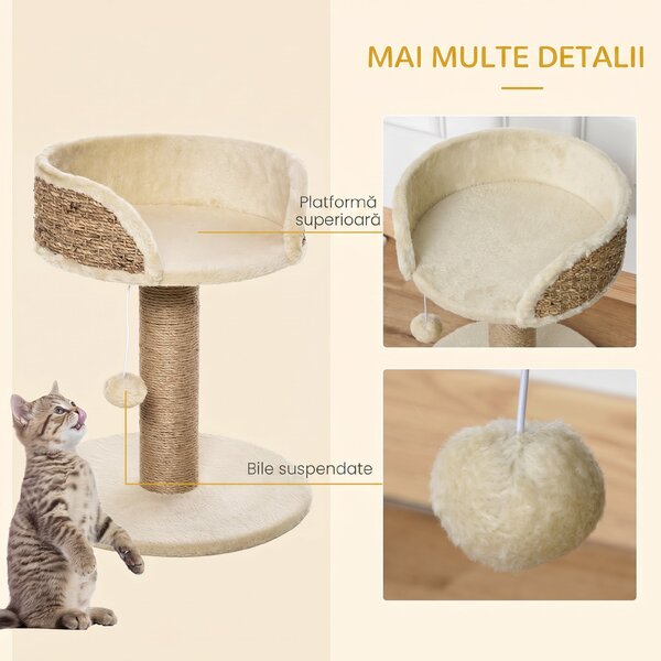 PawHut Arbore de Zgâriat pentru Pisici Adulte și Pui, Stâlp cu Culcuș pentru Pisici, Stâlp din Iută și Minge Atârnată, 40x40x49 cm, Bej