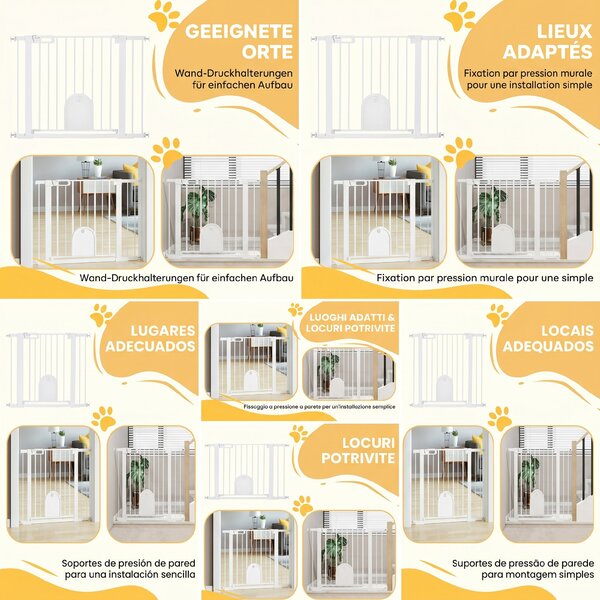 PawHut Barieră Reglabilă pentru Câini cu Ușă Mică, Montare prin Presiune și Închidere Automată, Dimensiune 75-103x76 cm, Alb | Aosom România