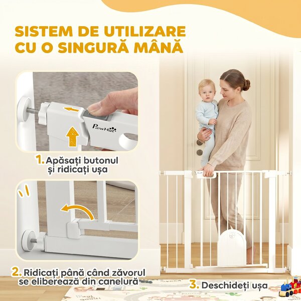PawHut Barieră Reglabilă pentru Câini cu Ușă Mică, Montare prin Presiune și Închidere Automată, Dimensiune 75-103x76 cm, Alb | Aosom România