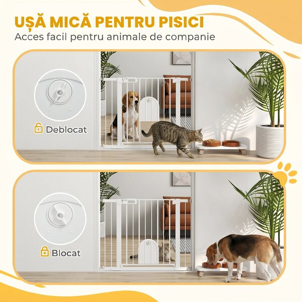 PawHut Barieră Reglabilă pentru Câini cu Ușă Mică, Montare prin Presiune și Închidere Automată, Dimensiune 75-103x76 cm, Alb | Aosom România