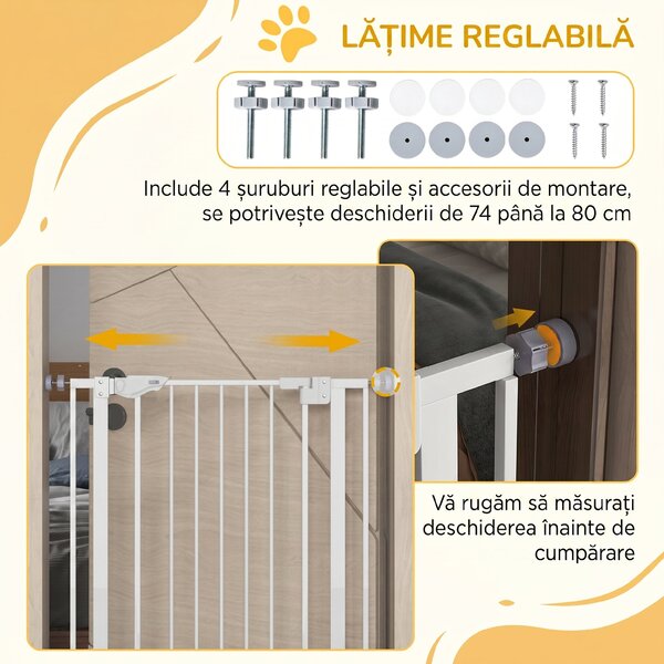 PawHut Poartă Reglabilă pentru Câini cu Ușă Mică și Montare prin Presiune, 74-80x104.1 cm, Alb | Aosom Romania
