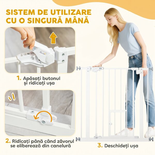 PawHut Poartă Reglabilă pentru Câini cu Ușă și Montare prin Presiune, Barieră cu Închidere Automată, 74-80x76.2 cm, Alb | Aosom Romania