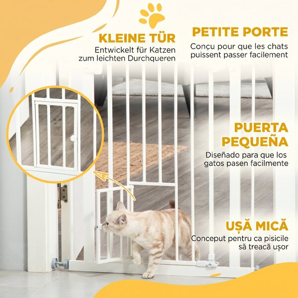 PawHut Poartă Reglabilă pentru Câini cu Ușă și Montare prin Presiune, Barieră cu Închidere Automată, 74-80x76.2 cm, Alb | Aosom Romania