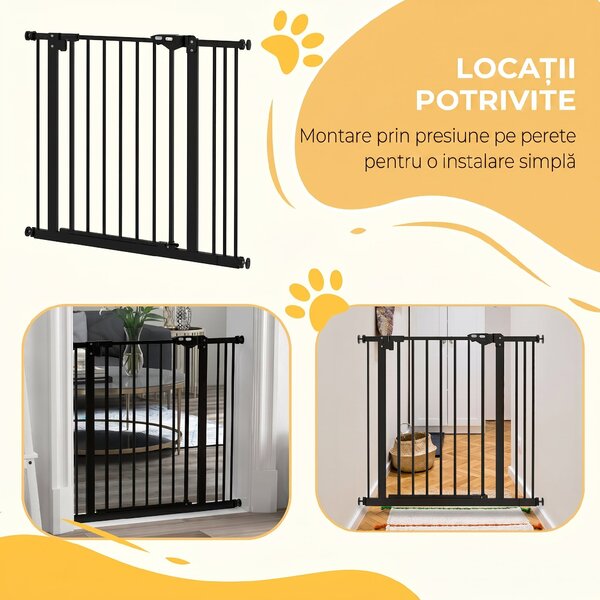 PawHut Poartă de Siguranță pentru Câini cu 2 Extensii, Lățime Reglabilă și Închidere Automată, 74-87x77 cm, Negru | Aosom Romania