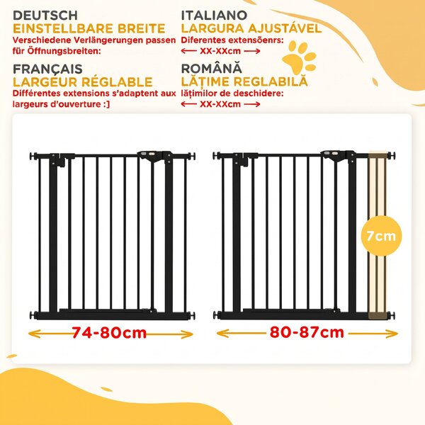 PawHut Poartă de Siguranță pentru Câini cu 2 Extensii, Lățime Reglabilă și Închidere Automată, 74-87x77 cm, Negru | Aosom Romania