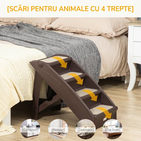 PawHut Scară Pliabilă pentru Câini cu 4 Trepte Antiderapante, Scară din PP pentru Animale de Companie, 62x38x49,5 cm, Maro | Aosom Romania