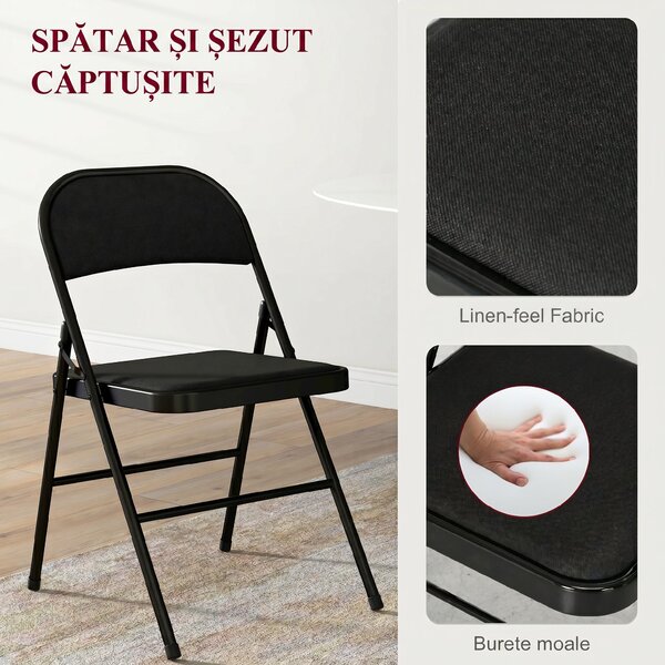 HOMCOM Set de 4 Scaune Pliabile, Scaune Moderne cu Perne din Poliester pentru Acasă și Birou, 45x46x78 cm, Negru | Aosom Romania