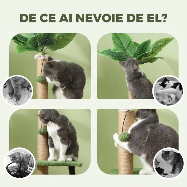 PawHut Arbore pentru Pisici cu Stâlp de Zgâriat, Platforme și Mingi de Jucărie, Ø40x83 cm, Verde | Aosom Romania