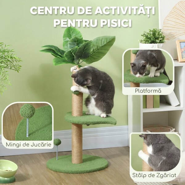 PawHut Arbore pentru Pisici cu Stâlp de Zgâriat, Platforme și Mingi de Jucărie, Ø40x83 cm, Verde | Aosom Romania