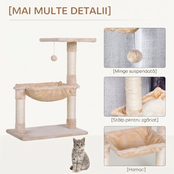 PawHut Turn pentru Pisici max 3.6kg, Copac pentru Zgariat pentru Pisici ca hamac si Minge Agatata din Lemn si Plus, 50x36x70cm, Bej | Aosom Romania