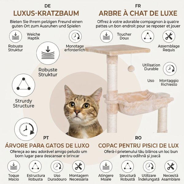 PawHut Turn pentru Pisici max 3.6kg, Copac pentru Zgariat pentru Pisici ca hamac si Minge Agatata din Lemn si Plus, 50x36x70cm, Bej | Aosom Romania