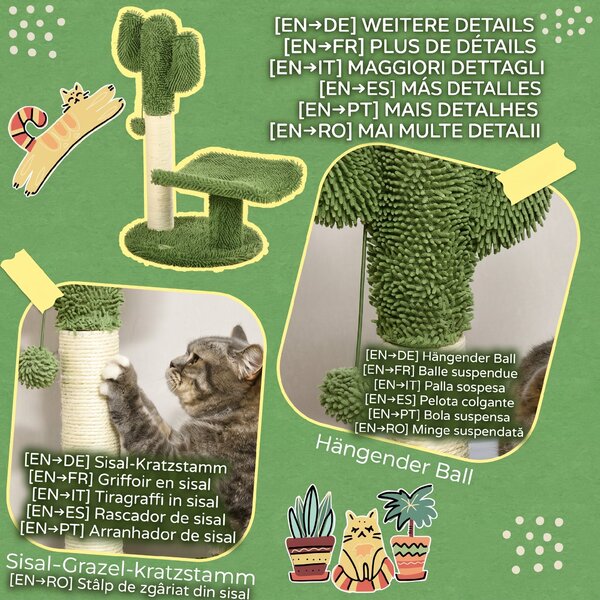 Copac de 55,5cm in Forma de Cactus pentru Pisici de Interior, Turn pentru Pisici cu Stalpi de Zgariat, Pat, Minge, Verde PawHut | Aosom Romania