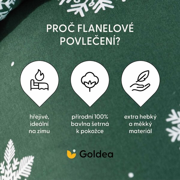 Goldea lenjerie de pat flanel - fulgi de zăpadă pe verde 150 x 200 și 50 x 60 cm