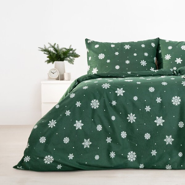 Goldea lenjerie de pat flanel - fulgi de zăpadă pe verde 150 x 200 și 50 x 60 cm
