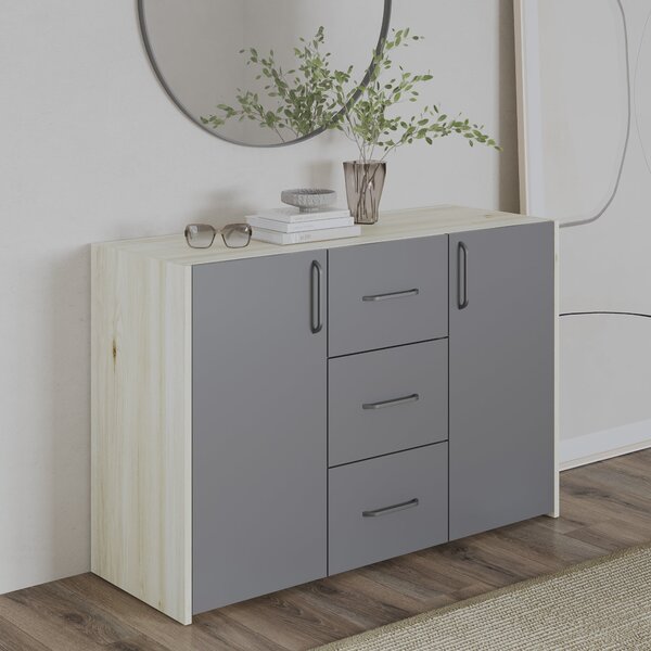 Comoda haaus Malmo, 3 Sertare, 2 Usi, Stejar Alb/Antracit, 120 x 42 x 80 cm