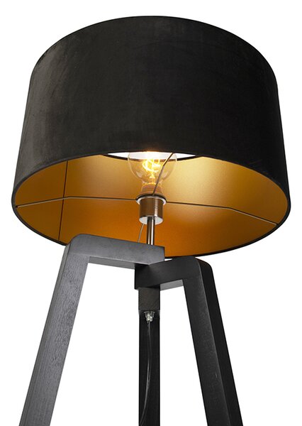 Lampă de podea cu trepied din lemn negru cu abajur negru 50 cm - Puros