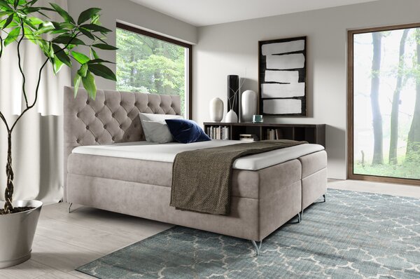 KONDELA Pat cu boxspring, 140x200, ţesătură gri-bej Taupe Velvet, GULIETTE + cadou