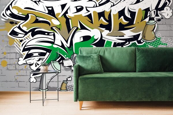 Tapet inscripție verde Street Art cu spray-uri