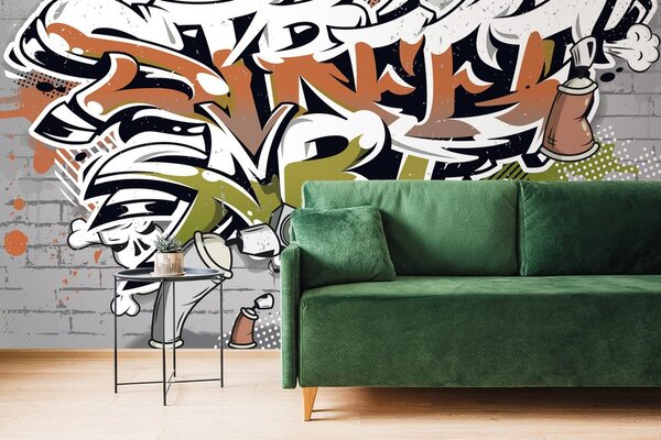 Tapet inscripție portocalie Street Art cu spray-uri