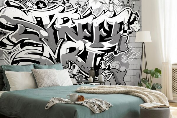 Tapet inscripție gri Street Art cu spray-uri