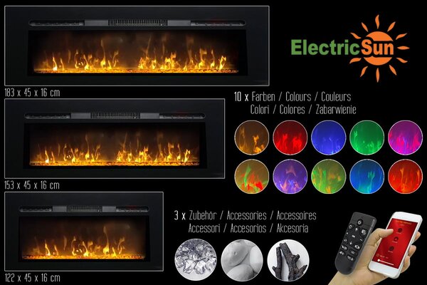 Semineu electric 3D ElectricSun PAULA GLASS negru Mediu, pe perete, podea sau incorporabil, cu sunet, 10 culori, Wi-Fi cu APP internet, L153xH45cm