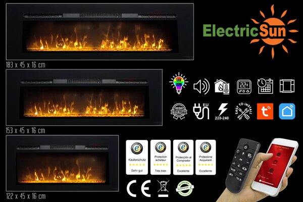 Semineu electric 3D ElectricSun PAULA GLASS negru MARE, pe perete, podea sau incorporabil, cu sunet, 10 culori, Wi-Fi cu APP internet, L183xH45cm