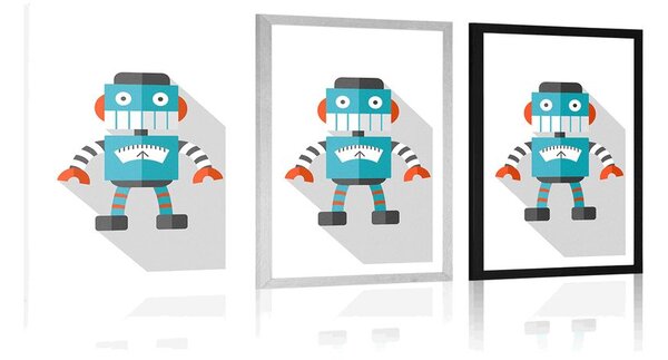 Poster cu passepartout robot albastru pe fundal alb