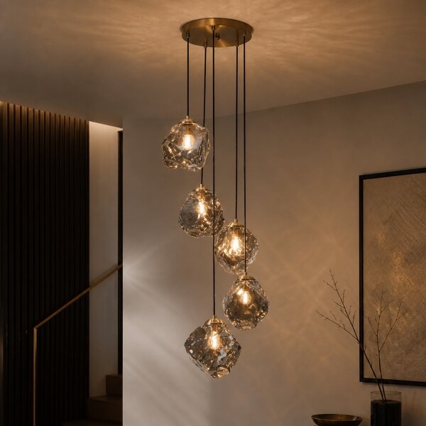 Candelabru cu cablu CRISTAL 5xE14/15W/230V alamă/negru fumuriu