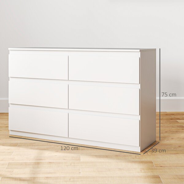 HOMCOM Comodă cu 6 Sertare și Picioare Antiderapante din Lemn, 120x39x75 cm, Alb | Aosom Romania