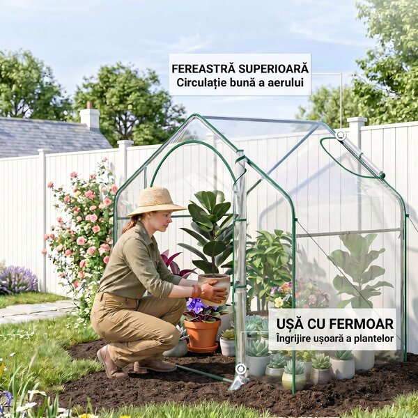 Outsunny Sera Cabina Portabila 6' x 3' x 6', Folie PE, Sera de Gradina cu Cadru de Otel, Usa cu Fermoar, Aerisire Superioara, pentru Flori, Legume, Puieti, Plante Tropicale, Verde | Aosom Romania