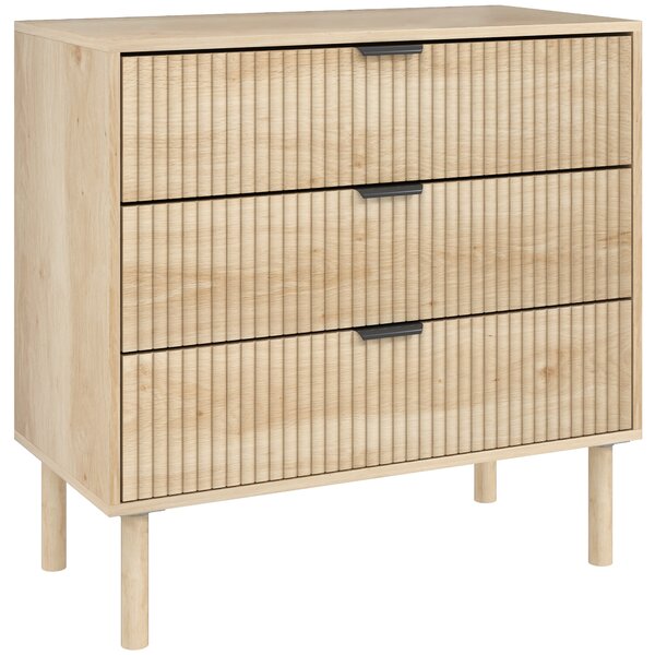 HOMCOM Comodă cu 3 Sertare, Picioare din Lemn Masiv și Design Canelat, 80x40x77,5 cm, Lemn Natural | Aosom Romania