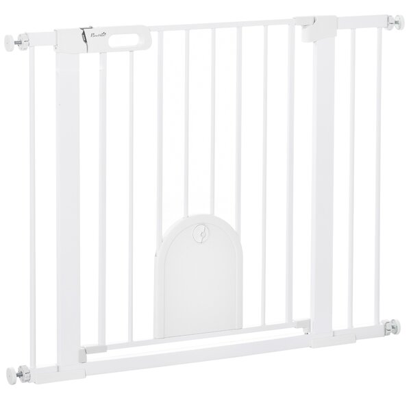 PawHut Barieră Reglabilă pentru Câini cu Ușă Mică, Montare prin Presiune și Închidere Automată, Dimensiune 75-103x76 cm, Alb | Aosom România